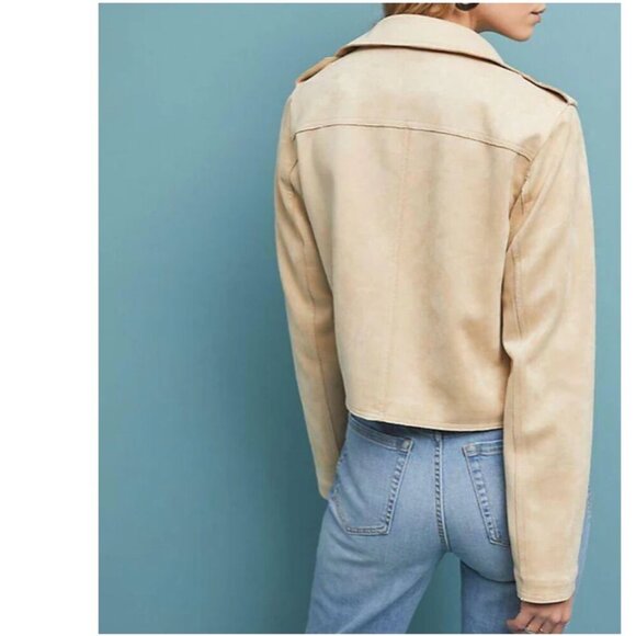 Anthropologie Moto Crop Micro-Suede Jacket Womens XL Beige Open Front Pockets - Picture 5 of 6